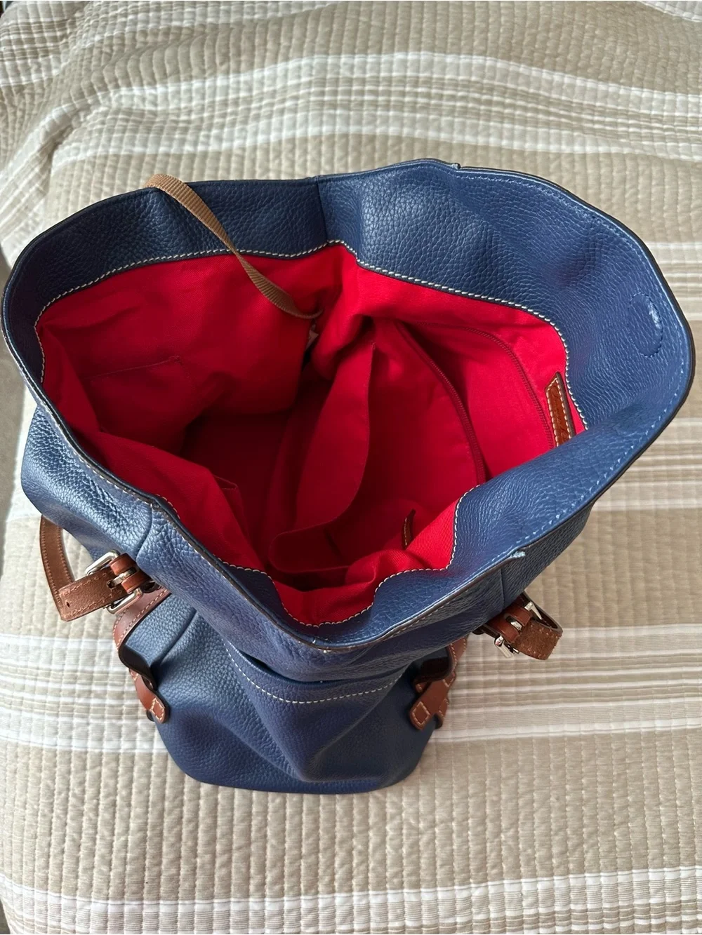 Dooney & Bourke Navy Leather Tote with Brown Trim Straps